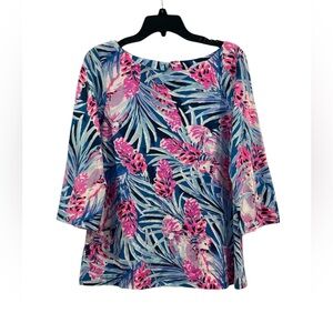 Women’s Lilly Pulitzer Waverly Tweethearts Blue Pink Floral Tropical Top: L